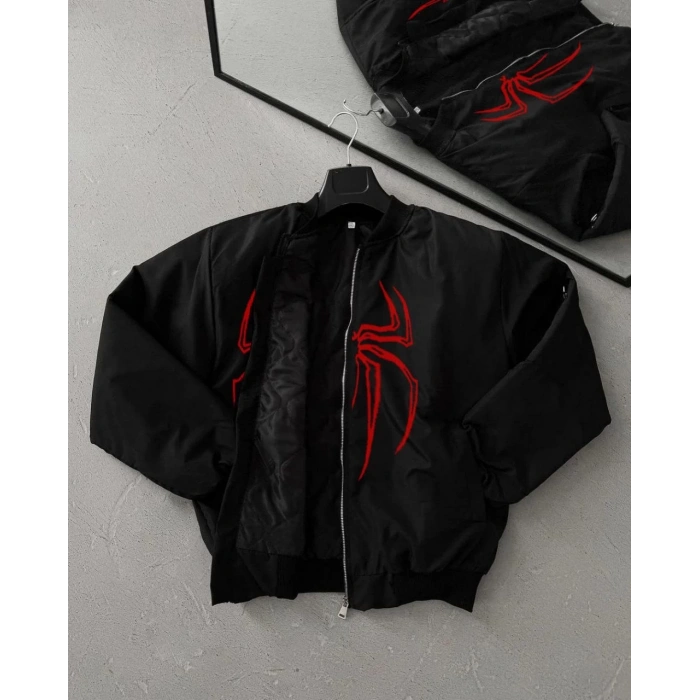 Örümcek Desenli Siyah Bomber Mont – Unisex Kullanıma Uygun, Fermuarlı Cepli, Kapitone Astarlı, Bahar Kış Günlük Giyim İçin Moda Ceket Modeli - Siyah