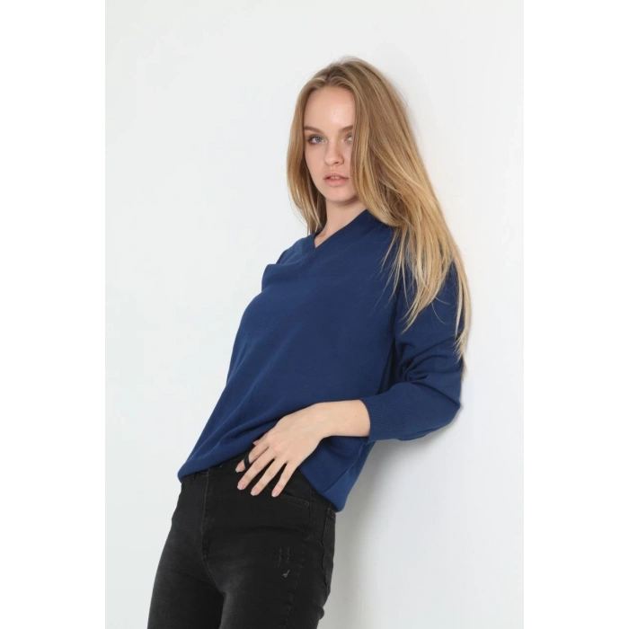 Kadın Uzun Kol V Yaka Triko Kazak - İndigo