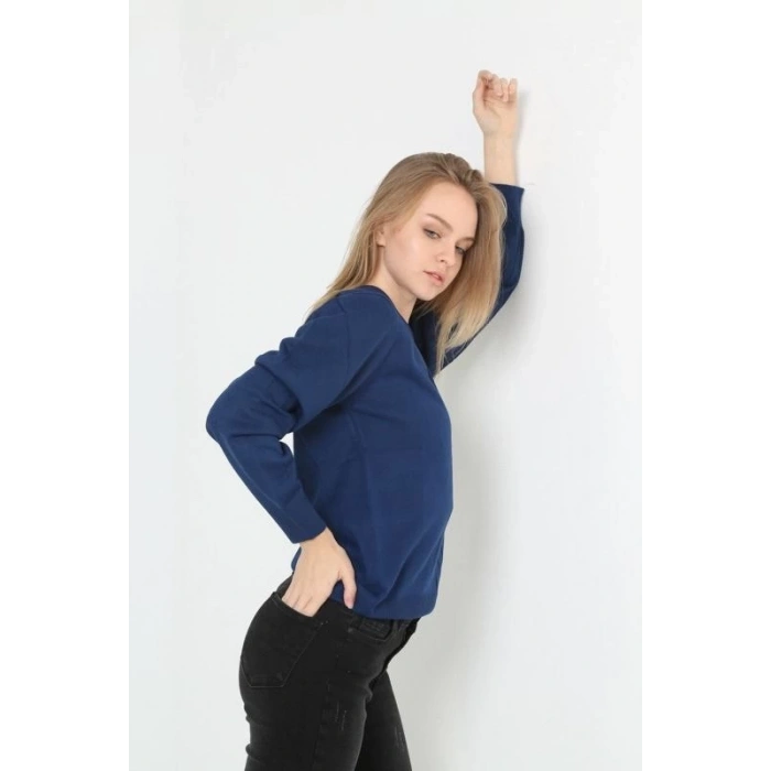 Kadın Uzun Kol V Yaka Triko Kazak - İndigo