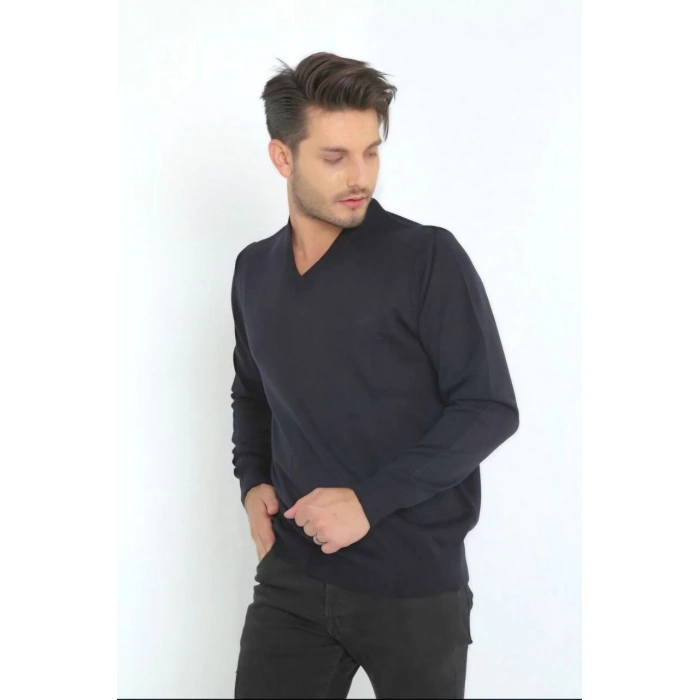 Erkek V Yaka Kazak Uzun Kol Düz Dokuma Triko - Lacivert
