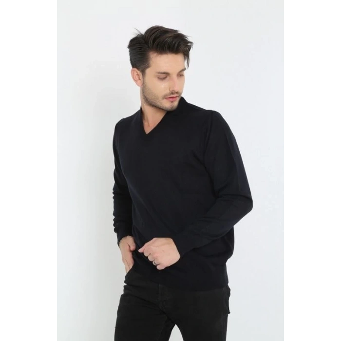Erkek V Yaka Kazak Uzun Kol Düz Dokuma Triko - Siyah