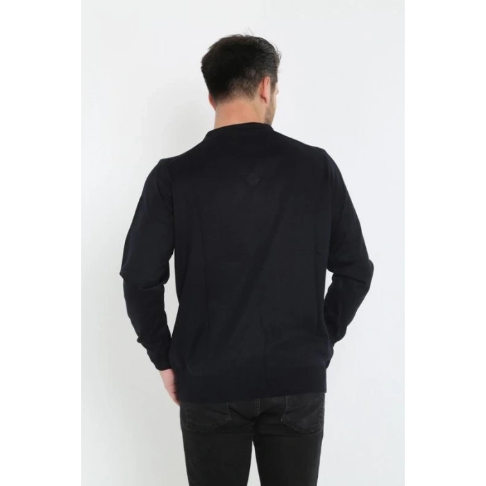 Erkek V Yaka Kazak Uzun Kol Düz Dokuma Triko - Siyah