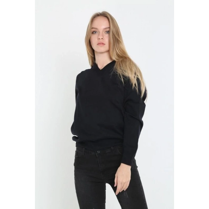 Kadın V Yaka Kazak Uzun Kol Düz Dokuma Triko - Siyah