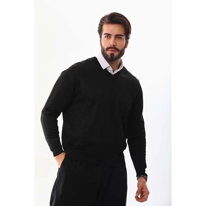 Erkek V Yaka Kazak Uzun Kol Düz Dokuma Triko - Siyah