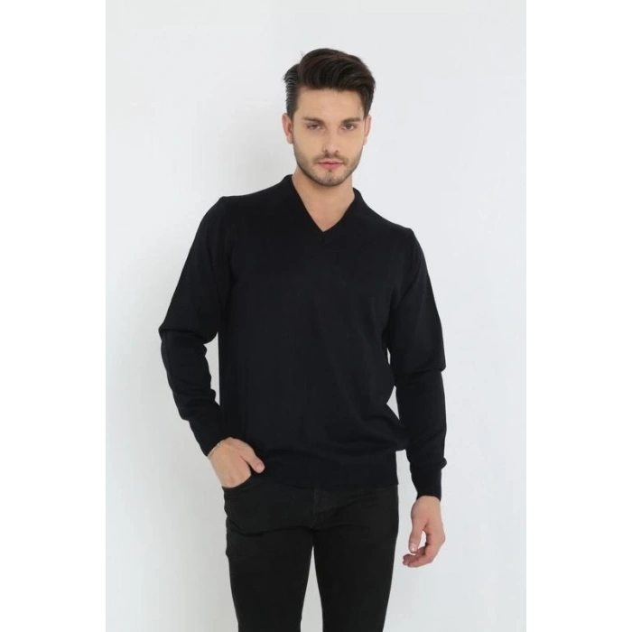 Erkek V Yaka Kazak Uzun Kol Düz Dokuma Triko - Siyah