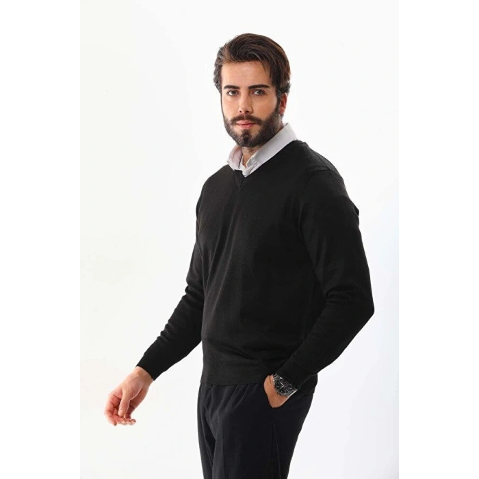 Erkek V Yaka Kazak Uzun Kol Düz Dokuma Triko - Siyah