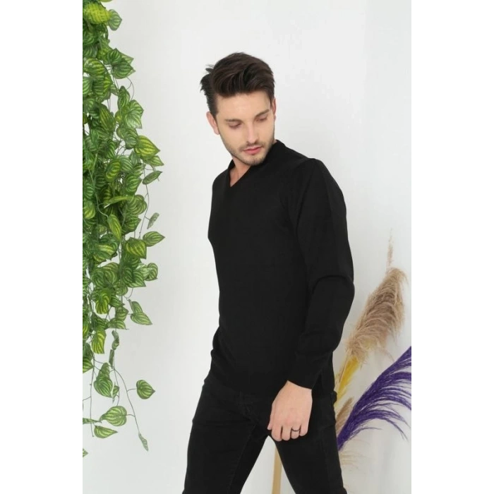 Erkek V Yaka Kazak Uzun Kol Düz Dokuma Triko - Siyah