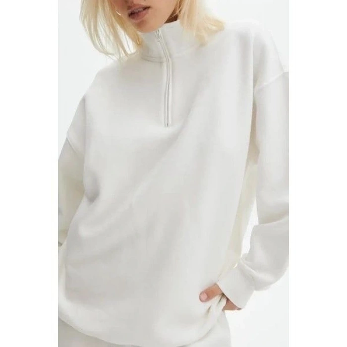 Unisex Uzun Kol Yarım Farmuarlı Yakalı Basic SweatShirt - Beyaz