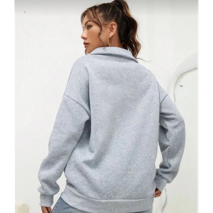 Unisex Uzun Kol Yarım Farmuarlı Yakalı Basic SweatShirt - Gri