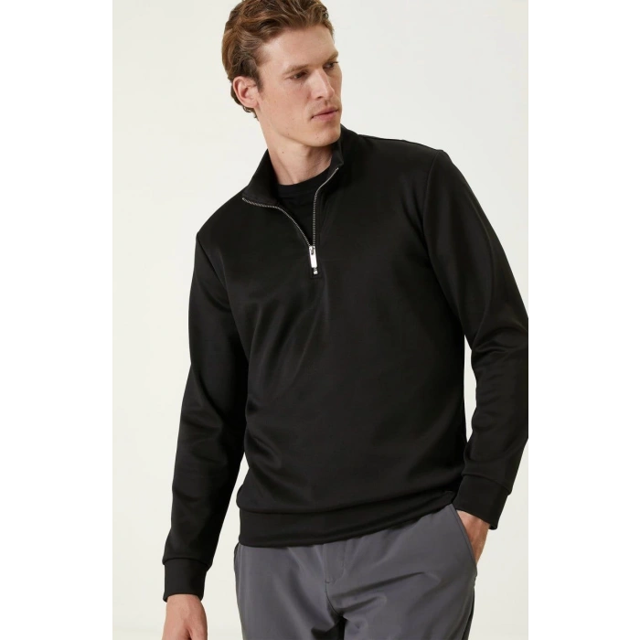 Unisex Uzun Kol Yarım Farmuarlı Yakalı Basic SweatShirt - Siyah