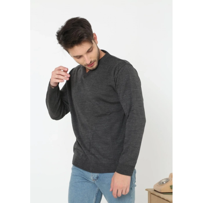 Erkek V Yaka Kazak Uzun Kol Düz Dokuma Triko - Antrasit