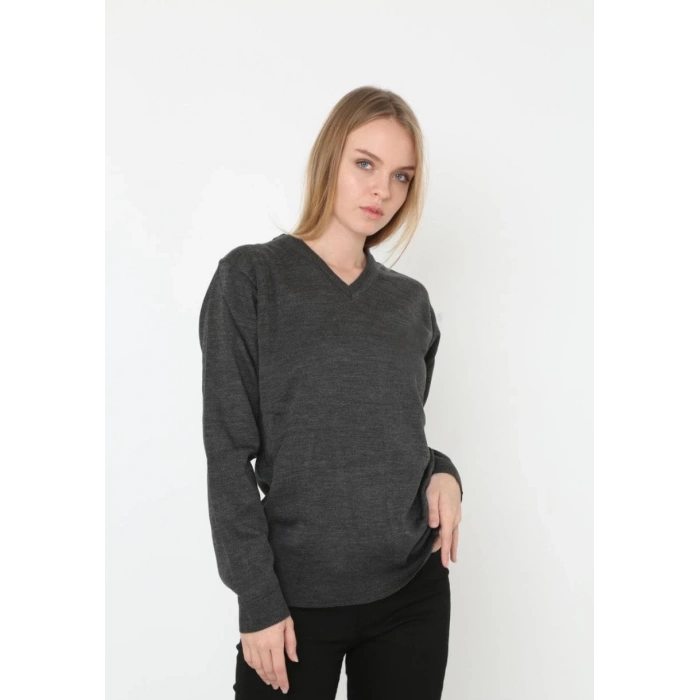 Kadın V Yaka Kazak Uzun Kol Düz Dokuma Triko - Antrasit