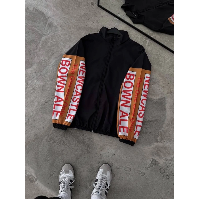 Unisex Vintage Baskılı Paraşüt Rüzgarlık - Siyah