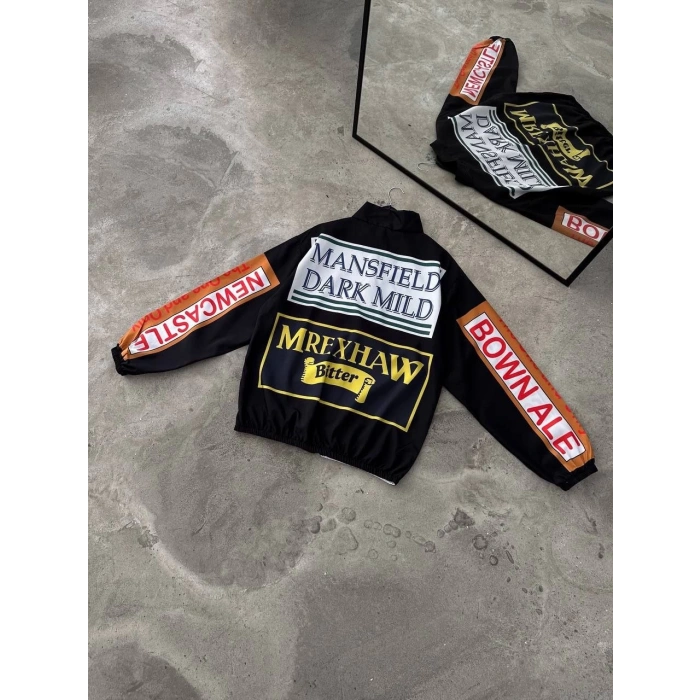 Unisex Vintage Baskılı Paraşüt Rüzgarlık - Siyah