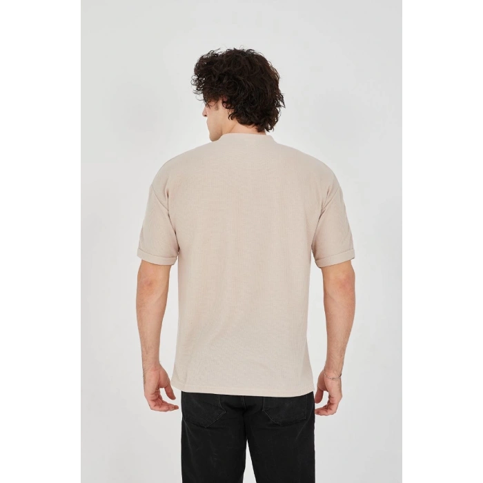 Unisex Waffle Kumaş Rahat Kol T-Shirt - Bej