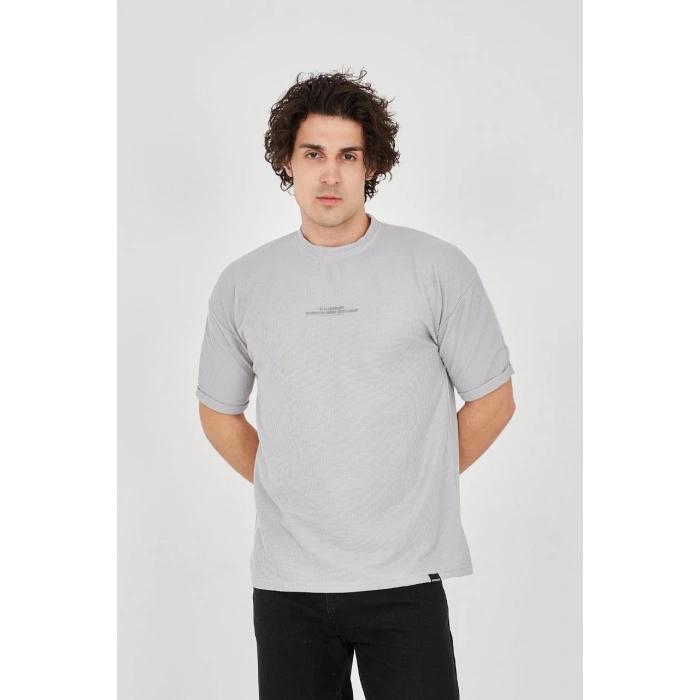 Unisex Waffle Kumaş Rahat Kol T-Shirt - Boyalı Gri