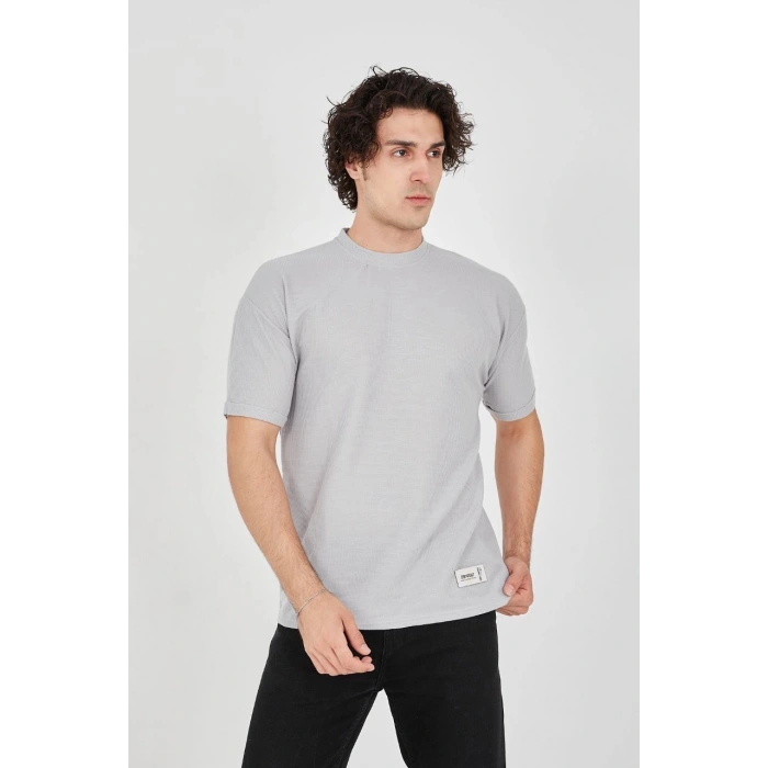 Unisex Waffle Kumaş Rahat Kol T-Shirt - Boyalı Gri