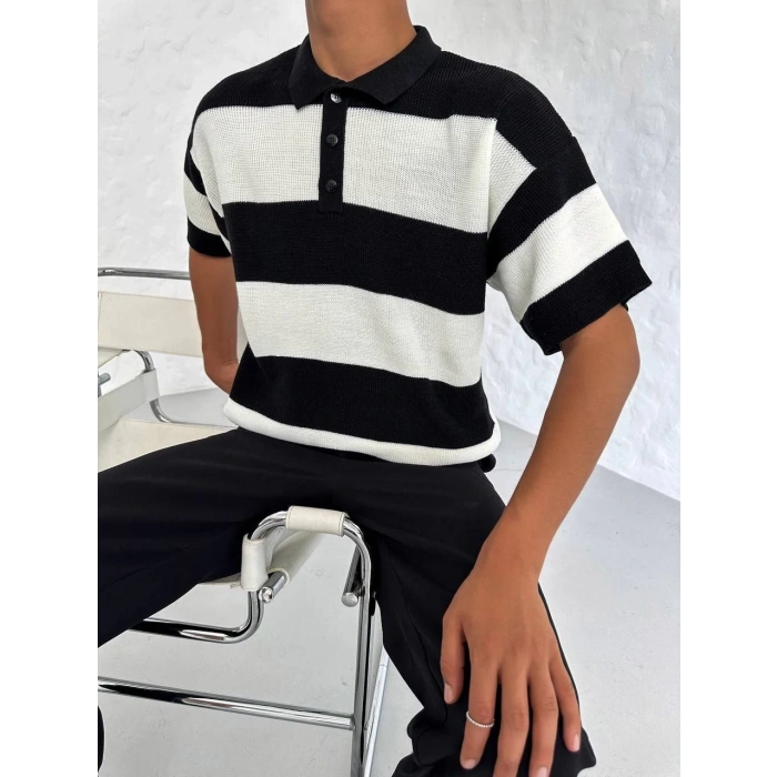 Erkek Yakalı Düğmeli Triko T-Shirt - Siyah