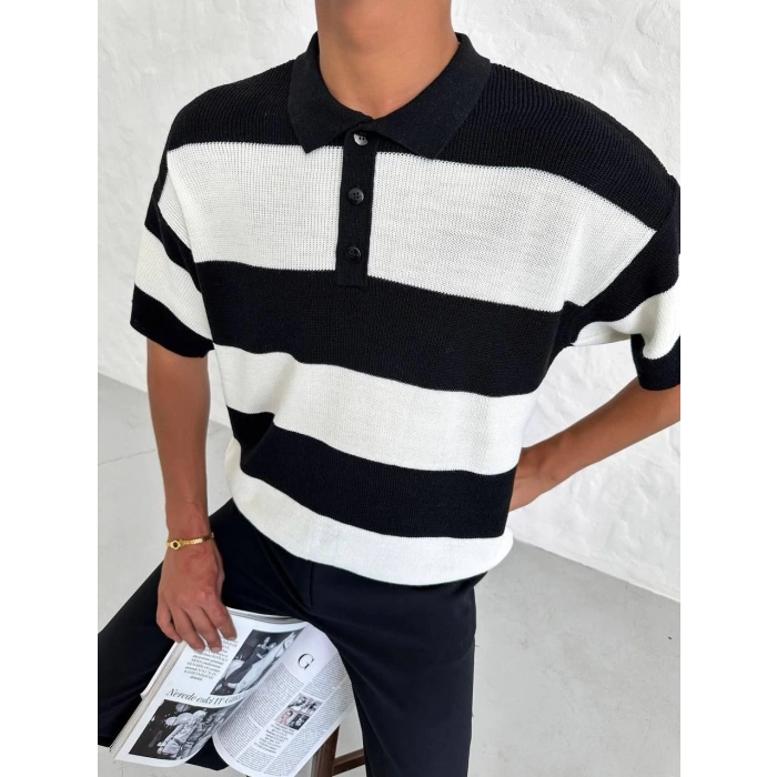 Erkek Yakalı Düğmeli Triko T-Shirt - Siyah