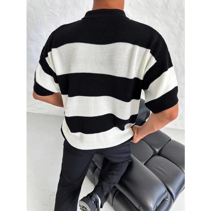 Erkek Yakalı Düğmeli Triko T-Shirt - Siyah