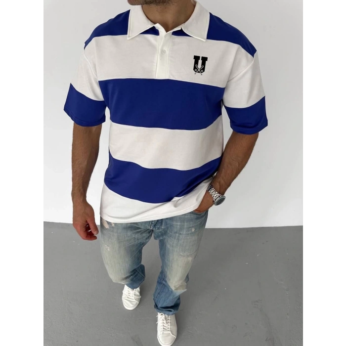 Erkek  Yakalı Parçalı ve Baskılı T-shirt - Mavi