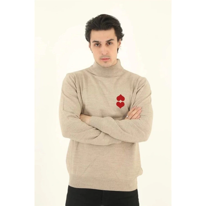 Unisex Yarım Boğazlı Baskılı Dokuma Triko - Bej