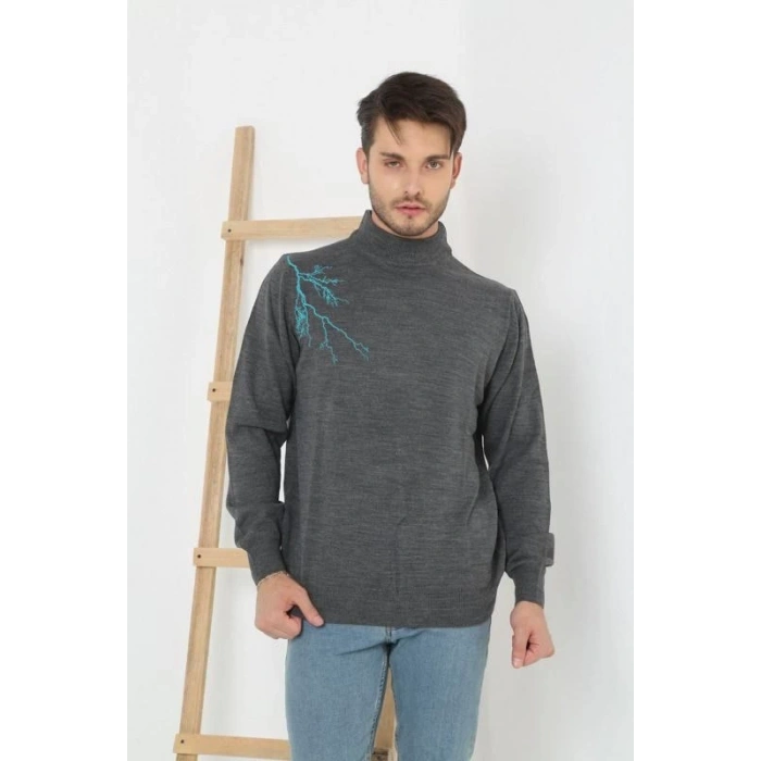 Erkek Yarım Bağazlı Kazak Baskılı Dokuma Triko - Füme