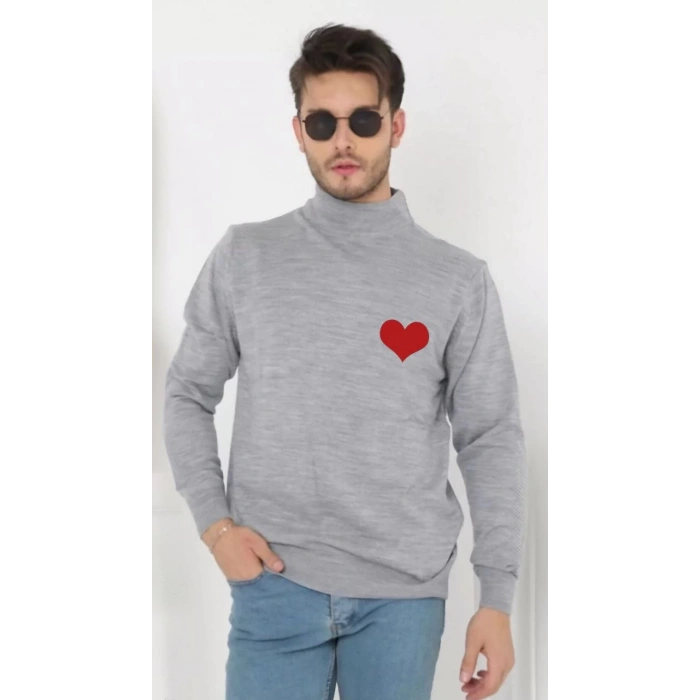 Erkek Yarım Bağazlı Kazak Kalp Baskılı Dokuma Triko - Gri