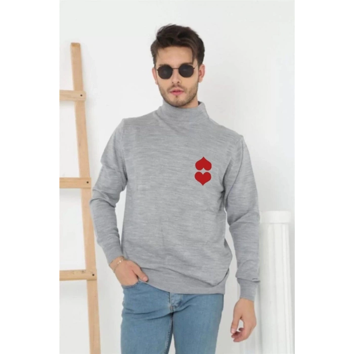 Erkek Yarım Bağazlı Kazak Baskılı Dokuma Triko - Gri