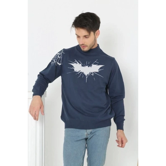 Erkek Yarım Bağazlı Kazak Baskılı Dokuma Triko - Indigo