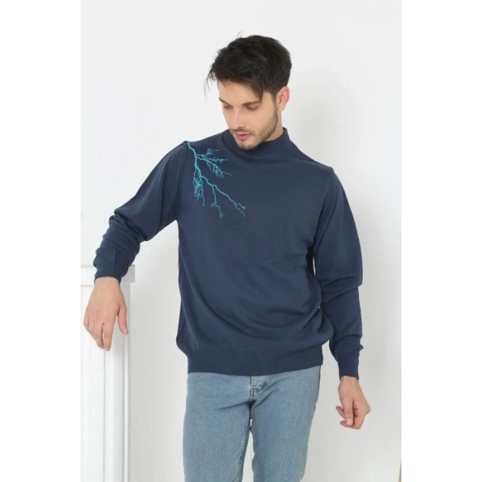 Erkek Yarım Bağazlı Kazak Baskılı Dokuma Triko - Indigo