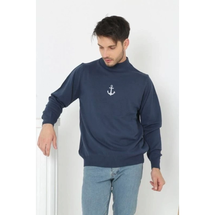 Erkek Yarım Bağazlı Kazak Baskılı Dokuma Triko - Indigo