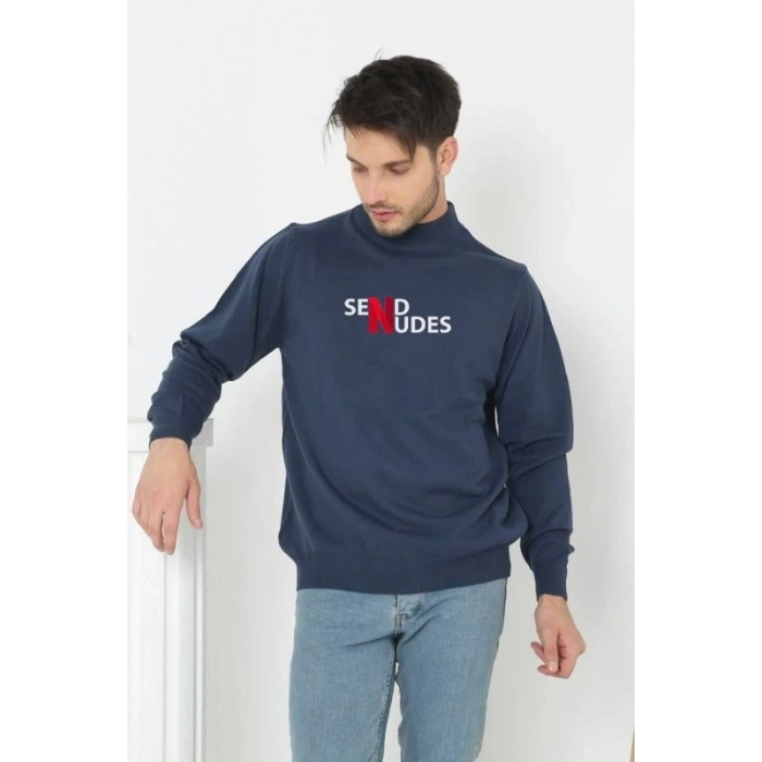 Erkek Yarım Bağazlı Kazak Baskılı Dokuma Triko - ndigo