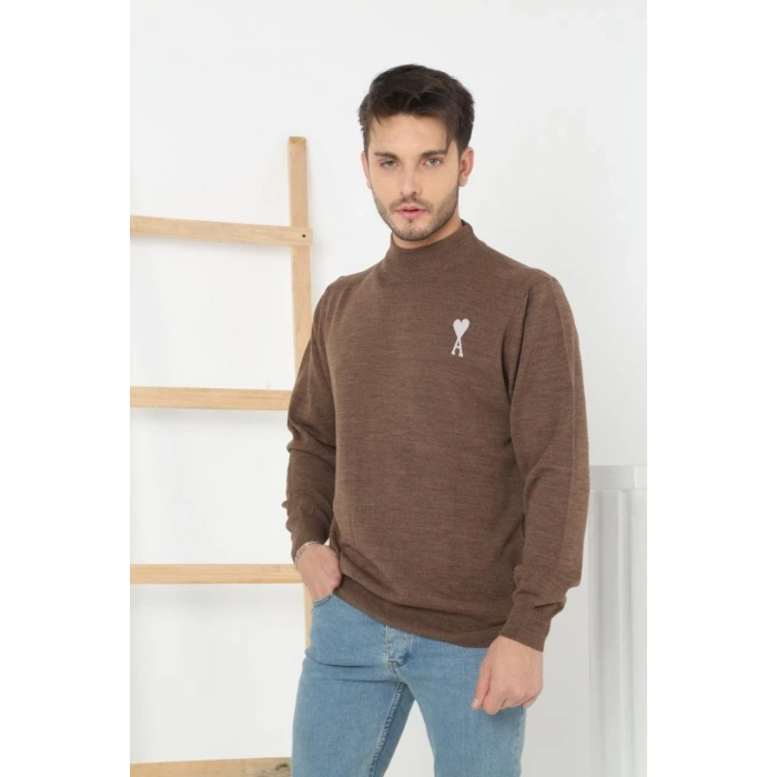 Erkek Yarım Bağazlı Kazak Baskılı Dokuma Triko - Kahve