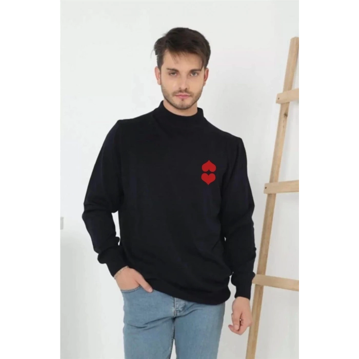 Erkek Yarım Bağazlı Kazak Baskılı Dokuma Triko - Lacivert