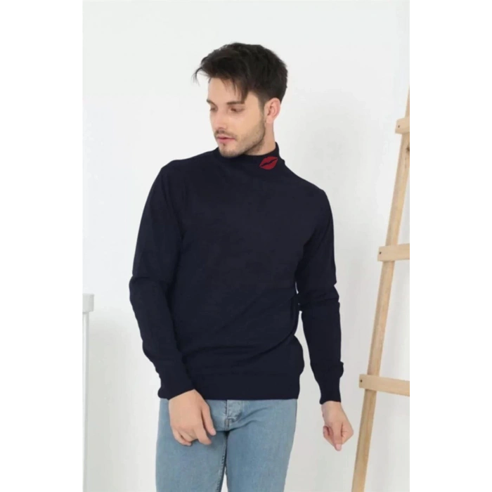 Erkek Yarım Bağazlı Kazak Öpücük Baskılı Dokuma Triko - Lacivert