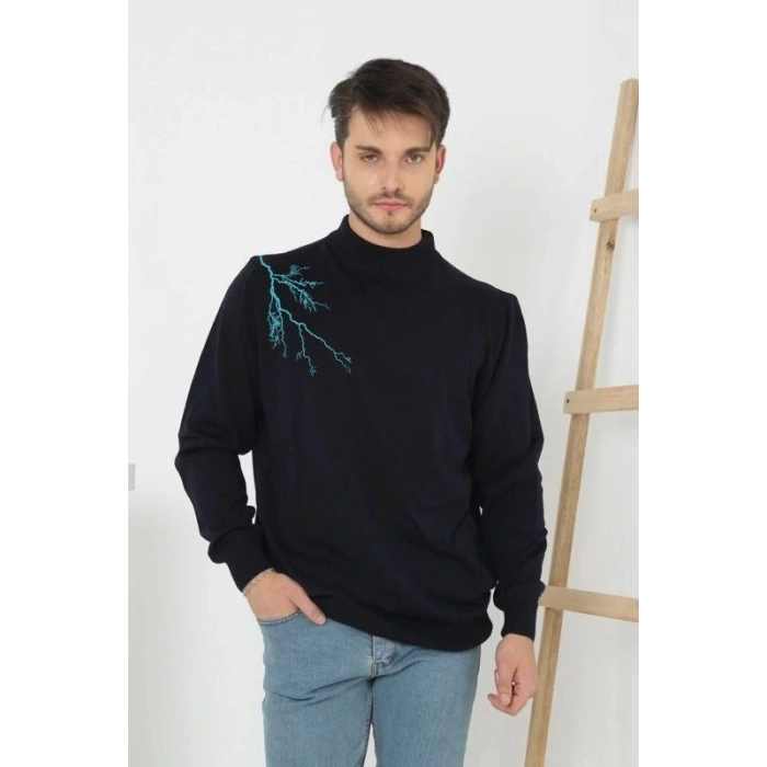 Erkek Yarım Bağazlı Kazak Baskılı Dokuma Triko - Siyah
