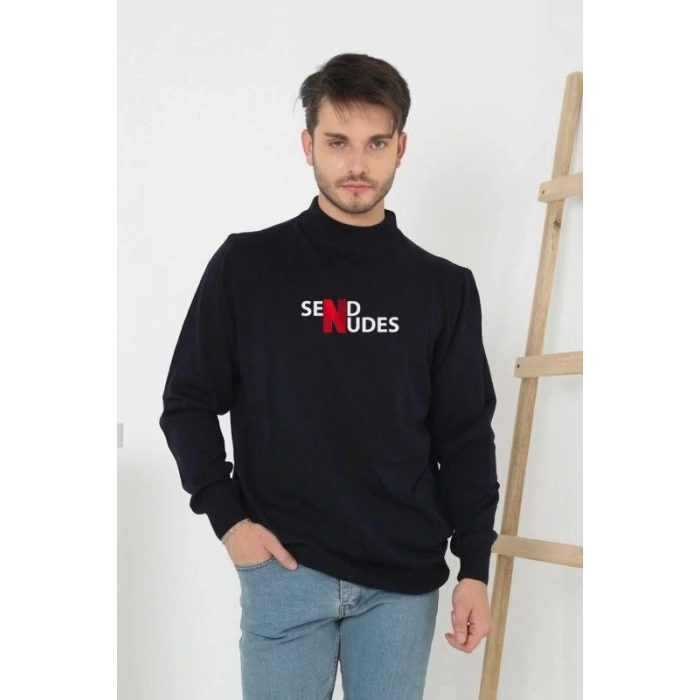 Erkek Yarım Bağazlı Kazak Baskılı Dokuma Triko - Siyah