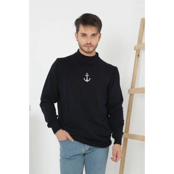 Erkek Yarım Bağazlı Kazak Baskılı Dokuma Triko - Siyah