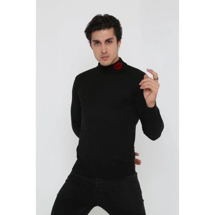 Erkek Yarım Bağazlı Kazak öpücük Baskılı Dokuma Triko - Siyah