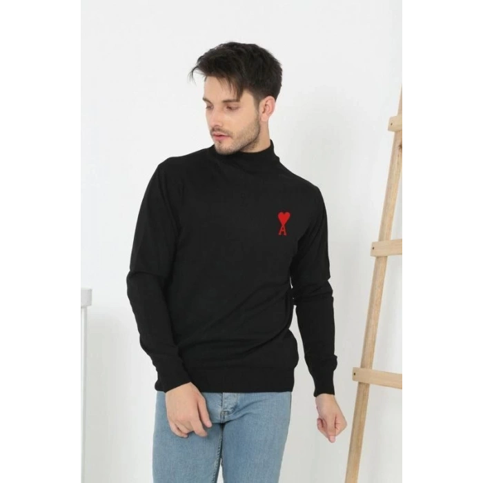 Erkek   Yarım Boğazlı Baskılı Dokuma Triko - Siyah