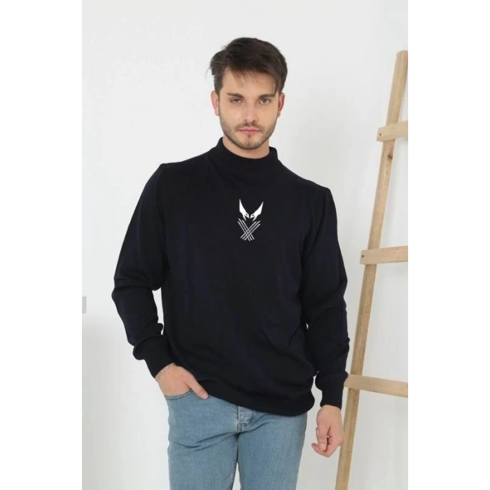 Erkek Yarım Bağazlı Kazak Baskılı Dokuma Triko - Siyah