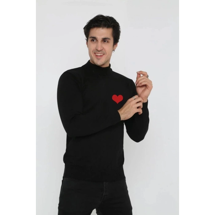 Erkek Yarım Bağazlı Kazak Kalp Baskılı Dokuma Triko - Siyah