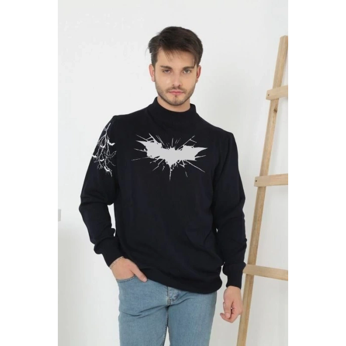 Erkek Yarım Bağazlı Kazak Baskılı Dokuma Triko - Siyah