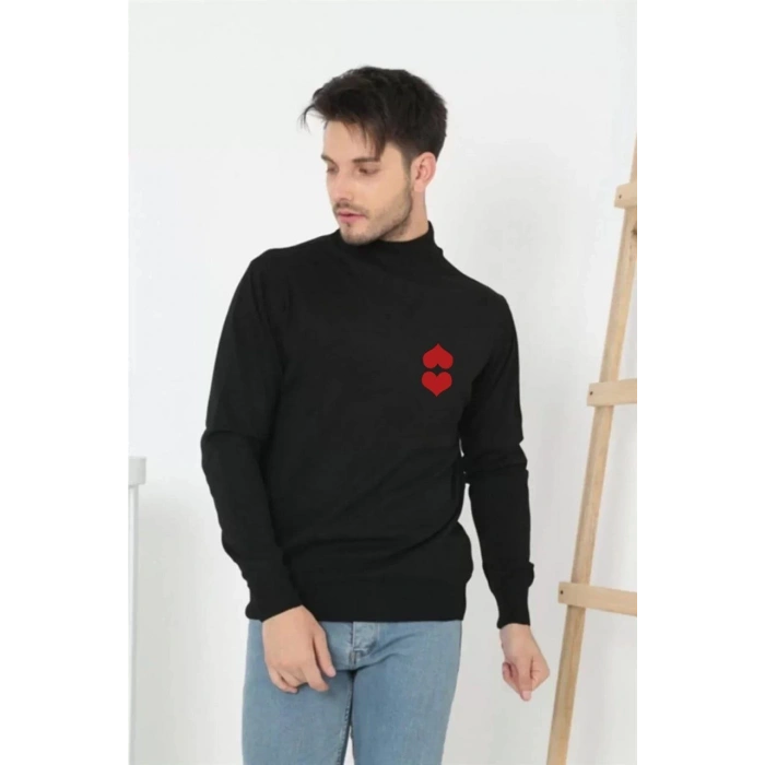 Erkek Yarım Bağazlı Kazak Baskılı Dokuma Triko - Siyah