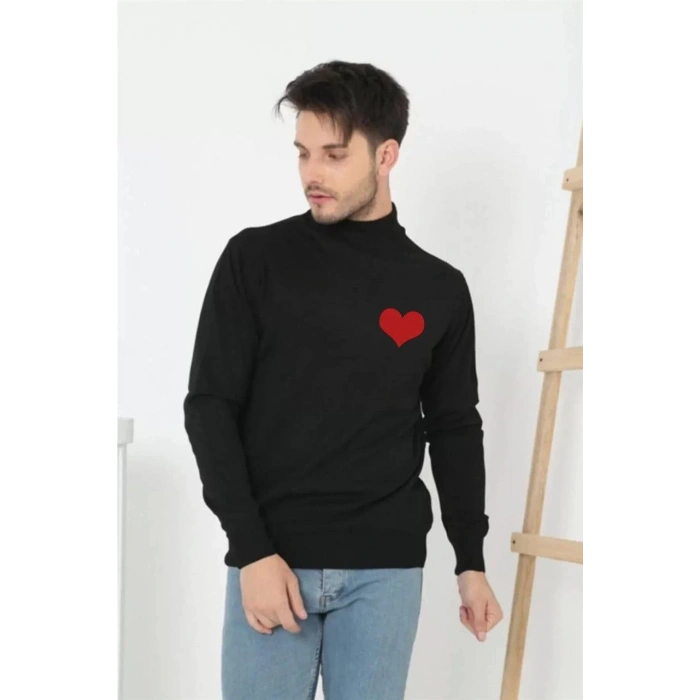 Erkek Yarım Bağazlı Kazak Kalp Baskılı Dokuma Triko - Siyah