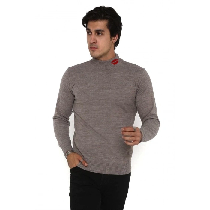 Erkek Yarım Bağazlı Kazak Öpücük Baskılı Dokuma Triko - Vizon