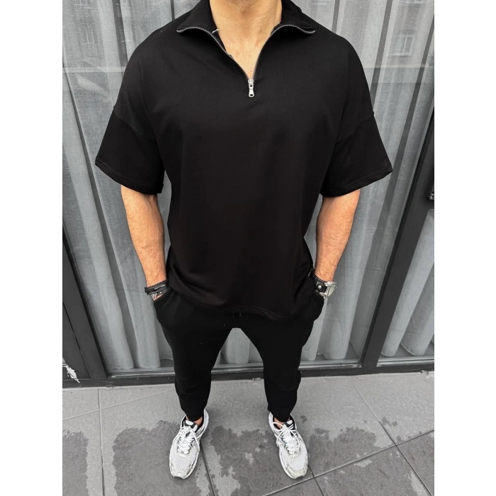 Unisex Yarım Fermuarlı Basic T-Shirt - Siyah
