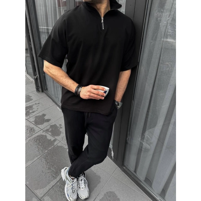 Unisex Yarım Fermuarlı Basic T-Shirt - Siyah