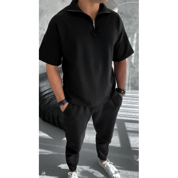 Unisex Yarım Fermuarlı Basic T-Shirt - Siyah